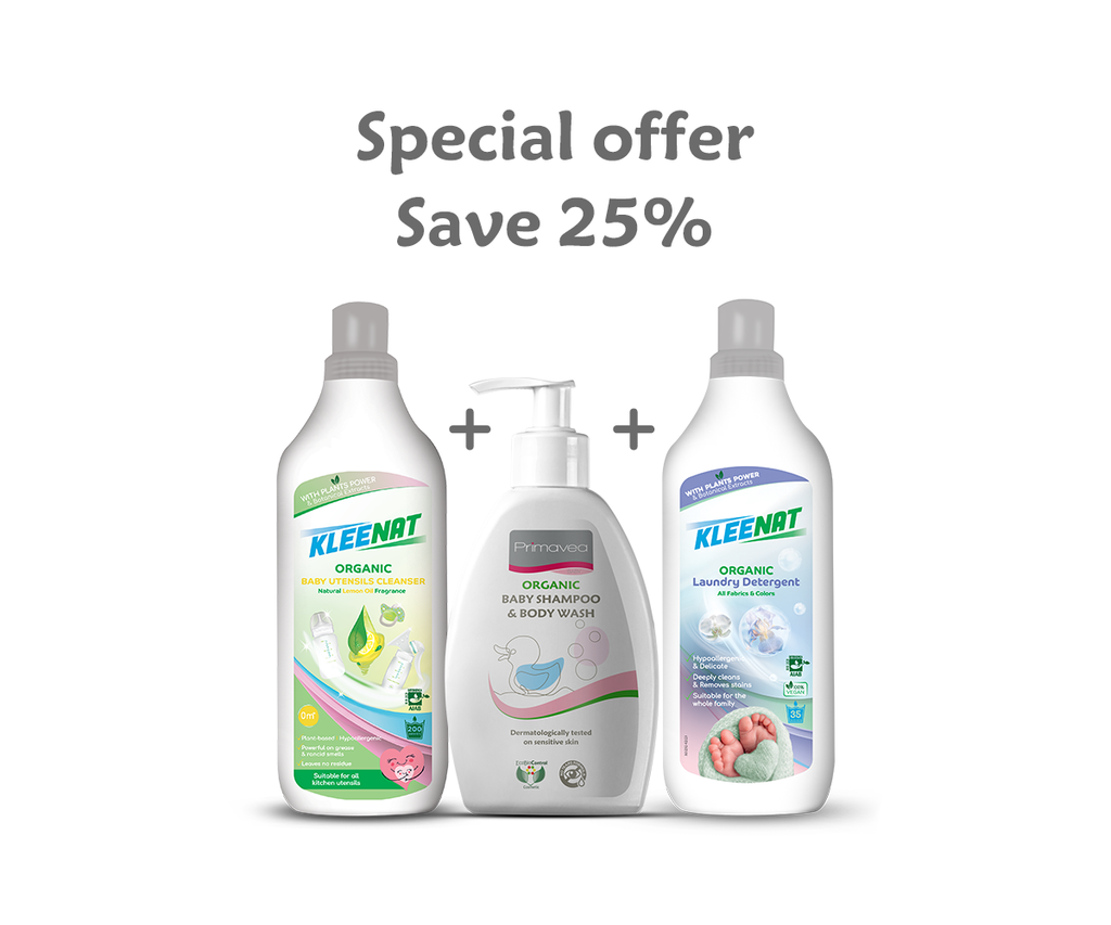 Kleenat B. Utensils Cleanser + Primavea B. Shampoo + Kleenat L. Detergent @ Save 25%